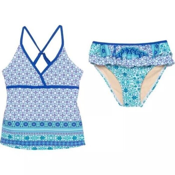 CABANA LIFE Girls Tile UPF 50 Ruffled Tankini Swimsuit Size 12 NWT - Picture 2 of 7